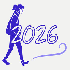 A stylized illustration of a person walking towards the year 2026, symbolizing progress, future goals, and new beginnings for the coming year