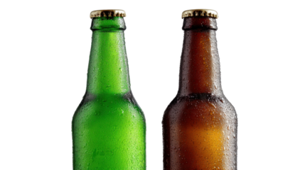 Refreshment's Palette: Two refreshing glass bottles, one emerald green, the other amber, stand side by side, their surfaces glistening with condensation.
