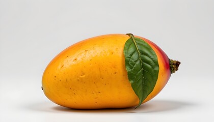 A single ripe mango prominently displayed against a neutral background. Its skin is a vibrant orange yellow with darker spots, indicating its ripeness