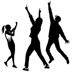 Silhouette of three people dancing with their hands up, perfect for representing fun, celebration, or a night out