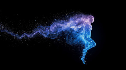 Abstract energetic female figure formed by particles on a dark background graceful movement and flow