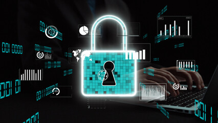 Modern digital security concept showcasing a lock symbol overlaid on data visualizations, emphasizing the importance of cyber security in today technology-driven world. Xenic