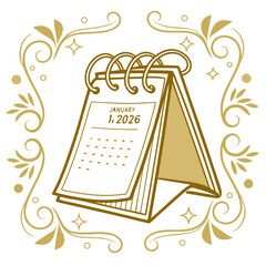 Elegant golden calendar icon with january 1, 2026 date, framed by decorative swirls, , symbolizing new beginnings and future planning