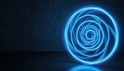 Abstract blue glowing light forms spiral circle on dark textured background wall. Bright lines create futuristic portal effect. Modern digital design shows energy, tech innovation, dynamic data flow,