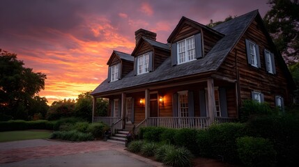 A rustic wooden house with a welcoming porch and shutters stands against a vibrant dramatic sunset sky painted with fiery oranges and purples