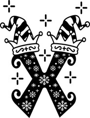 Christmas Silhouette Snowflake with Elf Hat Uppercase Font X