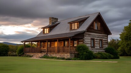 Fototapeta premium Rustic log cabin with porch and stone chimney at golden hour under dramatic stormy clouds