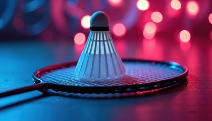 Badminton racket with white shuttlecock under neon lights. Sport game equipment against a colorful background. Competition play concept in vibrant colors. Photo for sports articles or advertising.