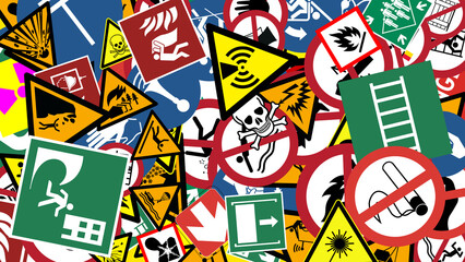 safety signs with pictograms to signal dangerous places or situations for people and workers