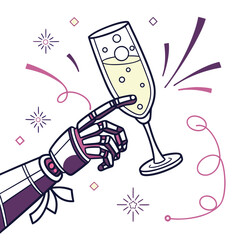 A futuristic robotic hand holds a champagne glass, surrounded by sparkling decorations, symbolizing a modern celebration