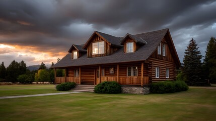 A rustic log house is illuminated by golden hour light beneath a dramatic stormy sky at dusk