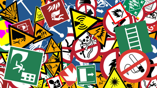 safety signs with pictograms to signal dangerous places or situations for people and workers