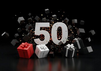 Number 50 with exploding cubes and gift boxes for anniversary or sale fifty celebration