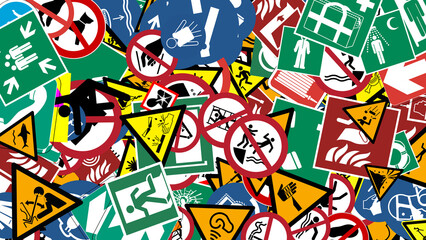 safety signs with attention and warning pictograms to indicate places or situations of danger for people and workers