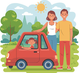 Family with red car in a park on a sunny day parents child