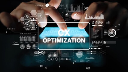 Hands Using Digital Tablet with CX Optimization Concept and Data Graphs Displayed on Screen. Asymptotic smart data analytic.