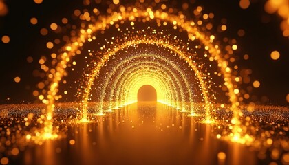 Golden particle tunnel forms arches with glowing dots in air on black background. Bright light particles flow, creating a futuristic path with reflections on shiny surface.