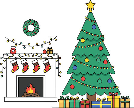 zy fireplace with Christmas stockings and lights