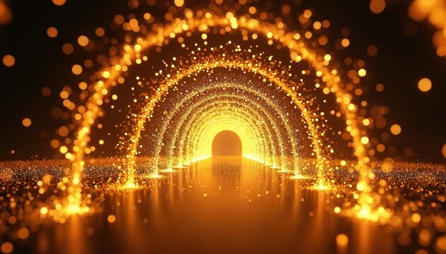 Golden particle tunnel forms arches with glowing dots in air on black background. Bright light particles flow, creating a futuristic path with reflections on shiny surface.
