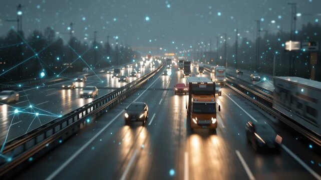 High-tech conceptual visualization of a busy multilane highway at night with rain and digital connections