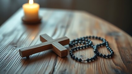 rosary. A wooden cross and rosary resting on a simple table in soft candlelight. event programs, museum guides, designed for cultural heritage projects and event programs.
