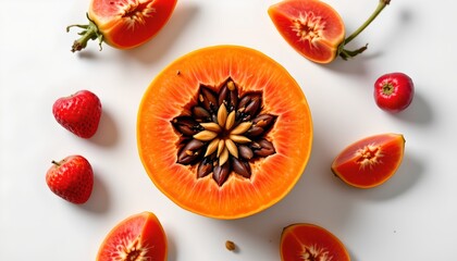 An assortment of sliced pomegranates surrounds a whole pomegranate in the center, displaying vibrant red seeds against a white background