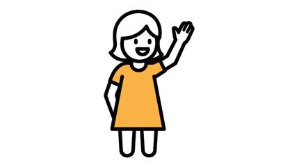 Cheerful cartoon girl with short hair waving hello.