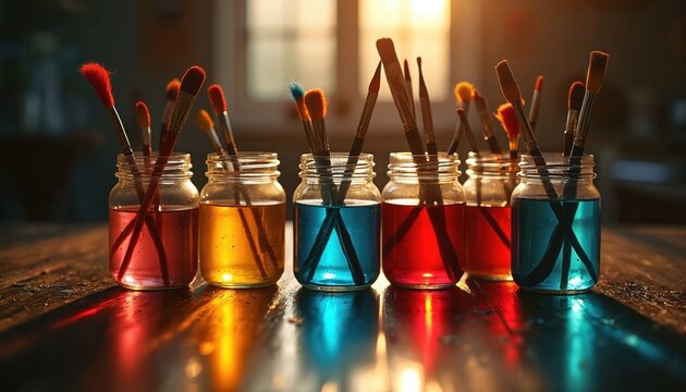 Artistic composition showcasing paintbrushes immersed in colorful liquids inside glass jars. Jars of red yellow and blue water stand on wooden table. Creative artwork concept of color mixing.