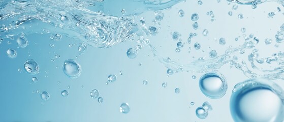 Panoramic droplets background on blue, great for nature-inspired designs, ads, and digital media.