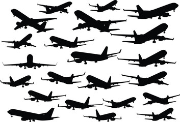 Airplane silhouette vector set with landing gear, commercial jet icons in various angles for aviation, travel, airport, and aircraft design