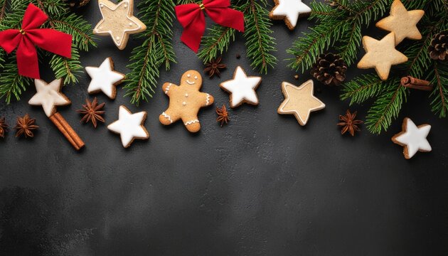 Festive gingerbread cookies and star-shaped treats displayed on a dark surface with christmas decorations cozy and inviting holiday atmosphere aesthetic food photography - Powered by Adobe