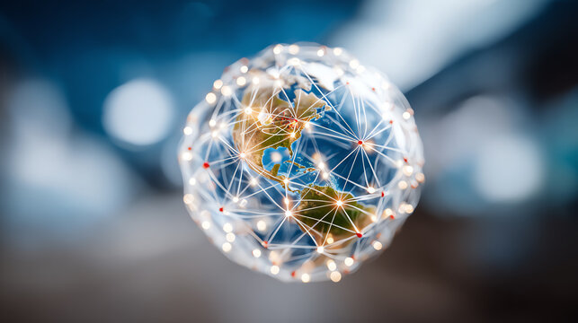Abstract representation of a connected globe showcasing global networking and communication technologies in a modern digital world.