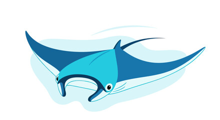 A stylized illustration of a blue manta ray swimming gracefully.