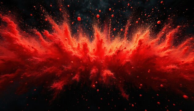 Explosion of vibrant red powder on black background. Dynamic shot of fiery dust particles burst creates abstract artwork with high contrast. Vivid color splash with energy motion effect, textured