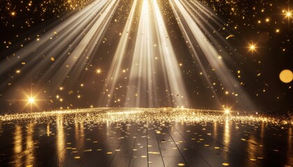 Celebratory event with sparkling lights and golden confetti festive atmosphere digital art illuminated stage vibrant energy of joy