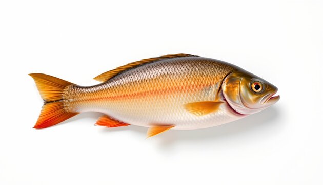 A single fish with distinctive orange fins, swimming in what appears to be a body of water. The fish has a large head and is facing towards its left side as the viewer looks at the image