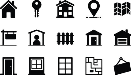 Real estate icons in black and white representing property and homeownership