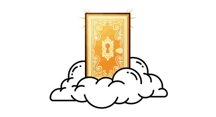 Cartoon Illustration of a Golden Keyhole Door Floating on Clouds.