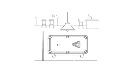 Line art illustration of a billiard table with balls and rack in a bar setting.