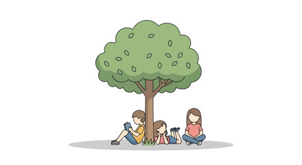 Cartoon Illustration of Children Relaxing Under a Tree.