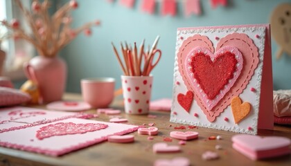 Handmade Valentine card with glitter hearts, delicate lace trim stands on rustic wooden table. Pink heart cutouts, craft supplies, pencils, scissors, decorative branches, cup fill cozy scene. Shows