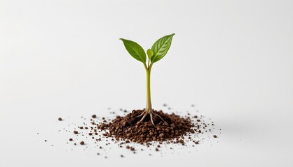 A single leaf sprouts from soil with small brown specks, symbolizing new growth against a white background.