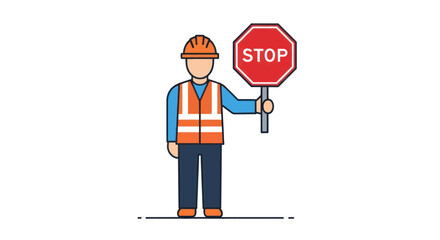 Construction Worker Holding Red STOP Sign Illustration.