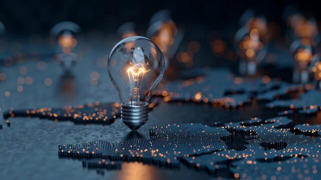 Bright connections emerge as glowing light bulb illuminates a dark map with vibrant lines
