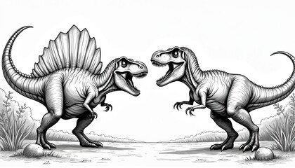 Fototapeta premium Two large prehistoric dinosaurs, Spinosaurus, T Rex, face. Stand on ancient land with plants, rocks. Extinct creatures roar, ready for interaction. Great coloring page for kids, showing ancient