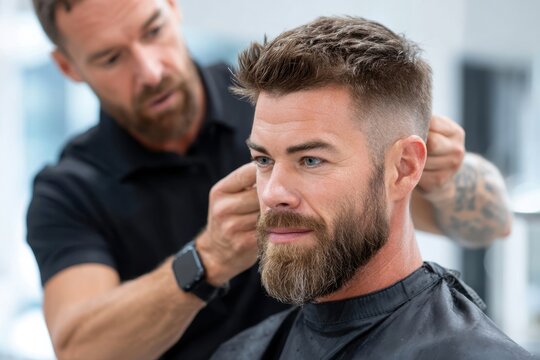 Barbershop grooming session with a stylish haircut and beard trim for a fashionable man - Powered by Adobe