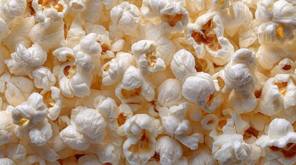 Close-up White & light brown popcorn kernels filling the frame, textured surface