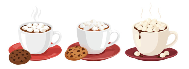 Hot chocolate with marshmallows in flat illustration in warm colors on white,transparent background