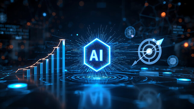 Artificial Intelligence hexagon symbol with rising bar graph and target in futuristic digital environment