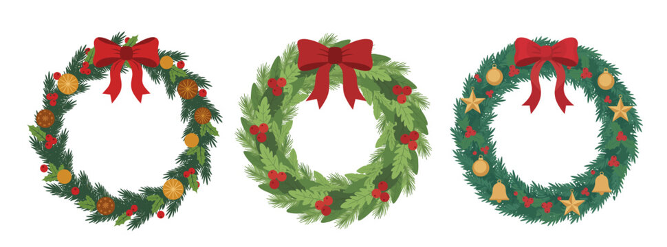 Christmas wreaths in flat vector illustration